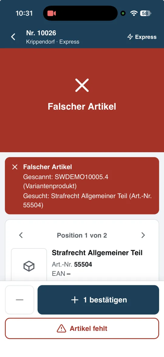 Picking-App: rote Meldung „Falscher Artikel“ mit gescanntem und gesuchtem Artikel