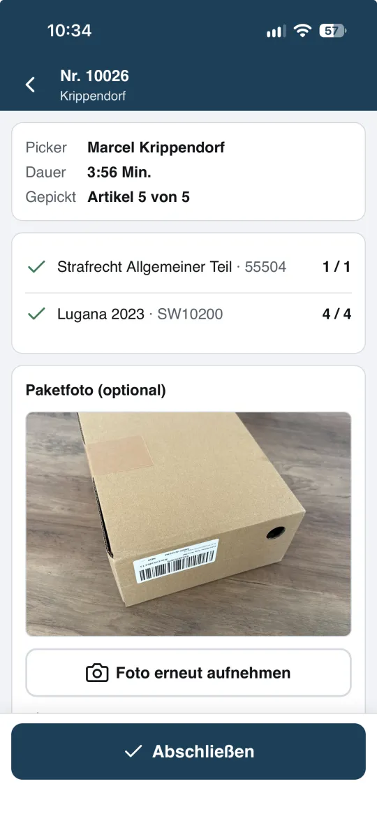 Picking-App: Übersicht mit Picker, Dauer und Paketfoto
