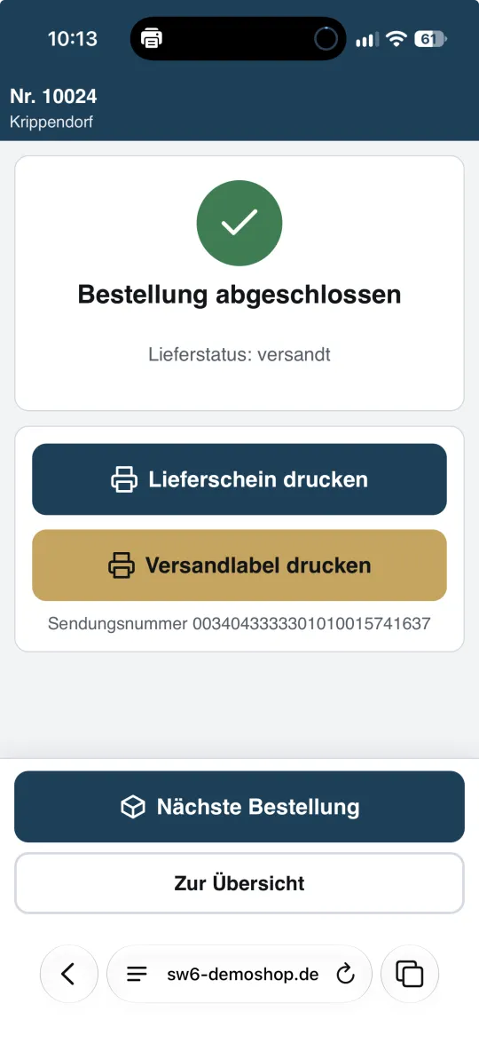 Picking-App: Bestellung abgeschlossen, Lieferschein und Versandlabel drucken