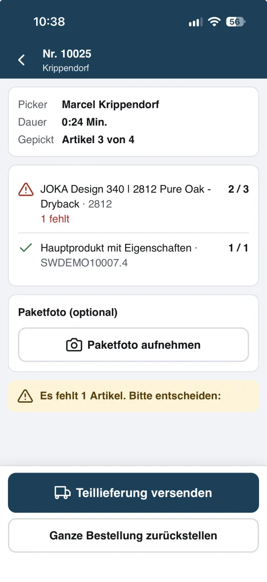 Picking-App: Es fehlt 1 Artikel, Auswahl zwischen Teillieferung und Zurückstellen